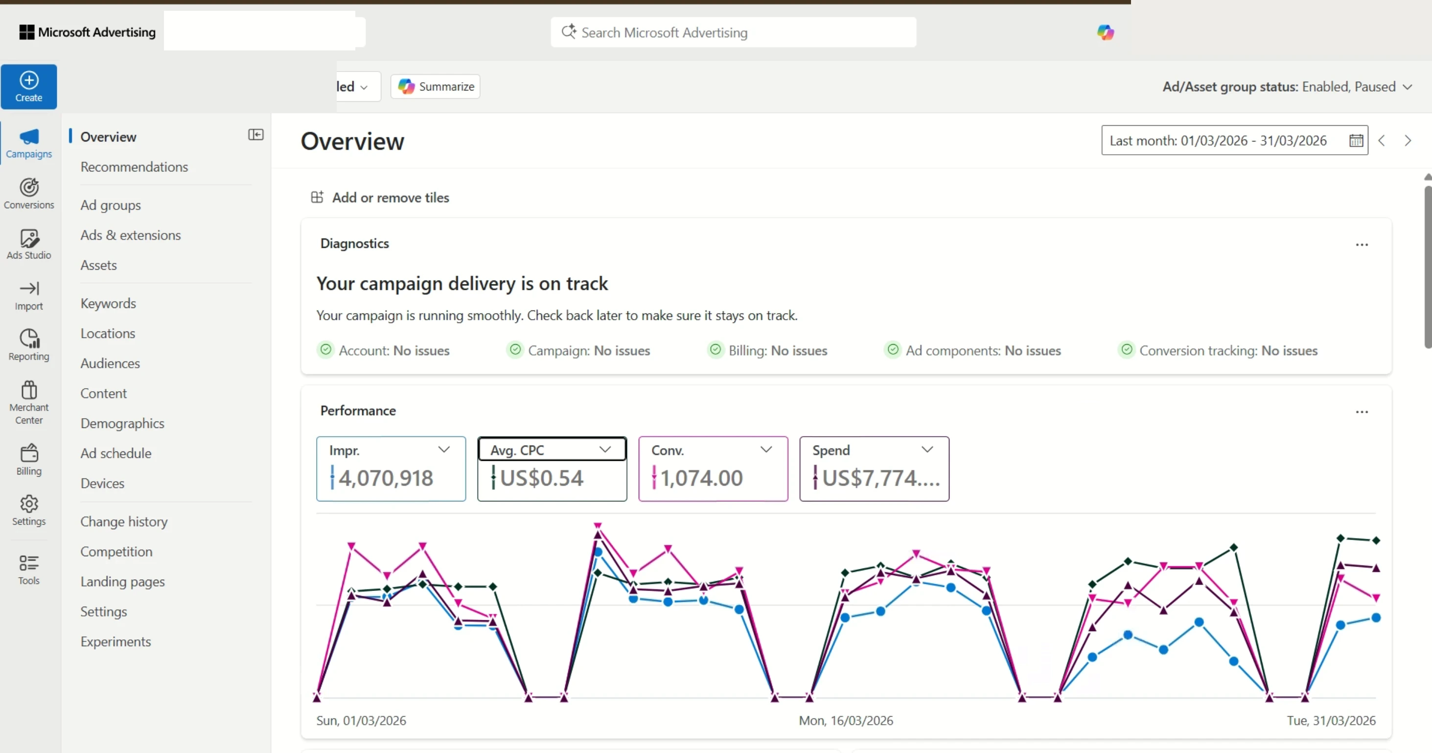 Bing Ads campaign results — January 2026